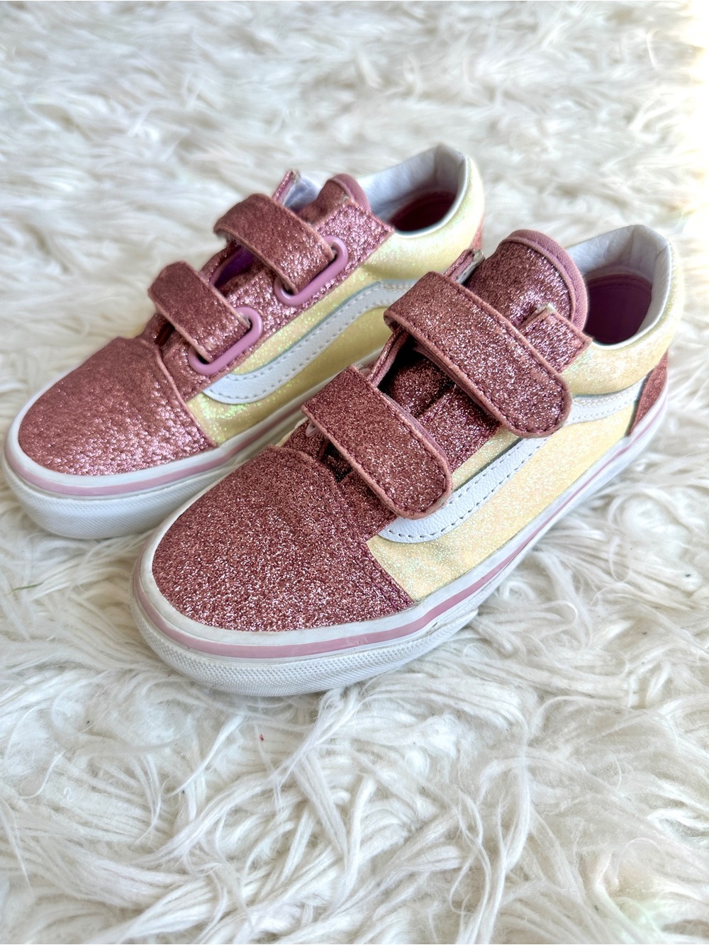 Vans Kids Glitter Pink and Yellow Velcro Sneakers size 13